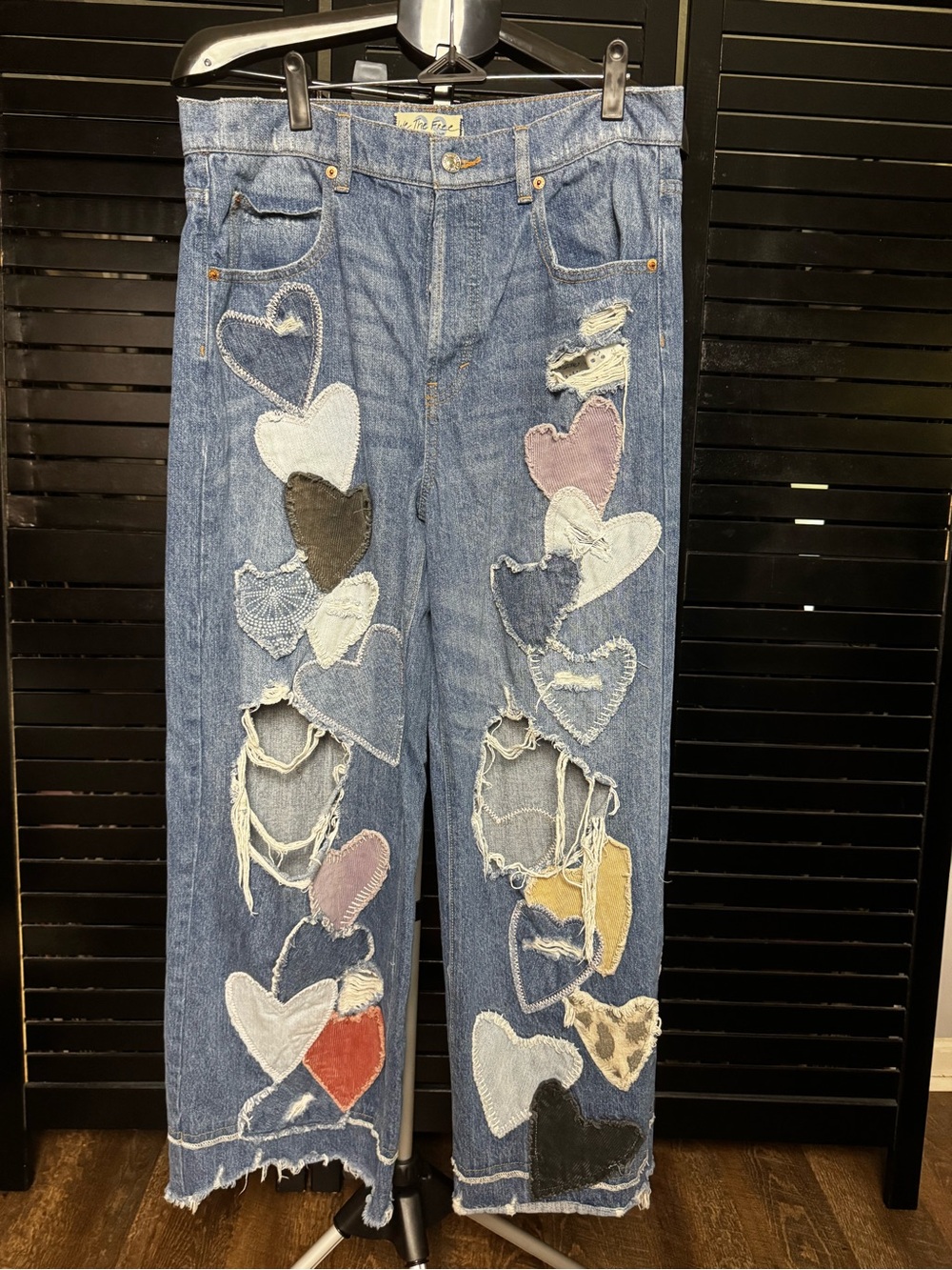 We The Free Blue Denim Straight-Leg Jeans with Heart Patchwork